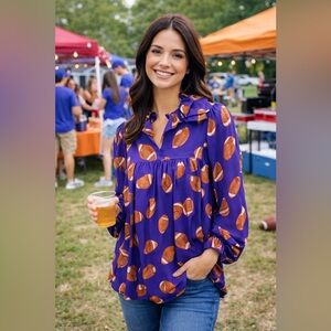 Adrienne Purple Long Sleeve Blouse with Footballs